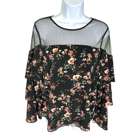White House Black Market Black Floral Mesh Long‎ Sleeve Top Women’s Size Small - Picture 1 of 4